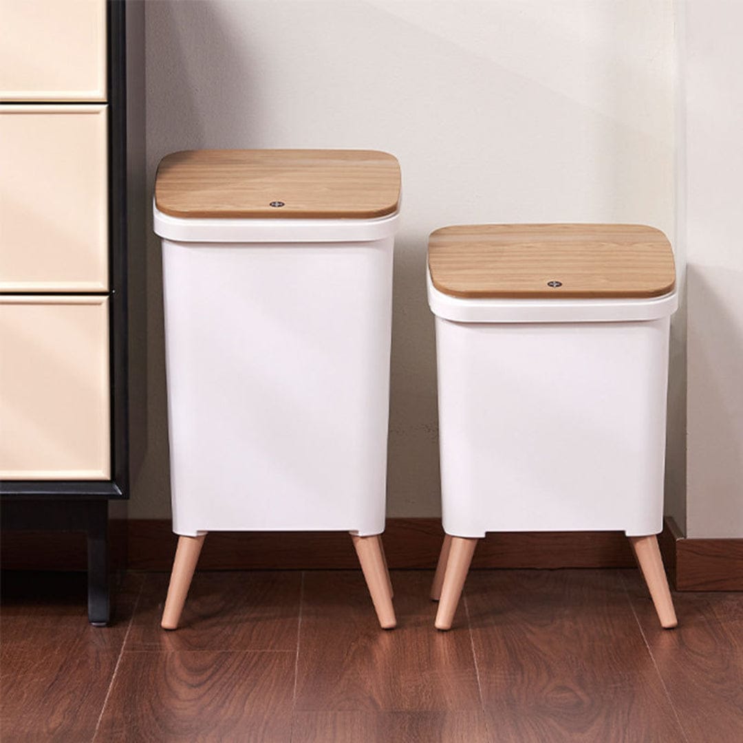 سلة قمامة بلاستيك مستطيل ابيض بغطاء مع 4 ارجل