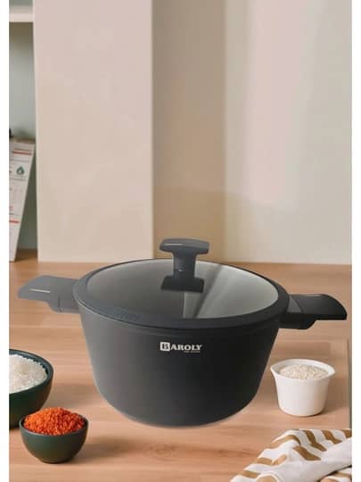 قدر جرانيت اسود بيددين وغطاء زجاج - بارولي