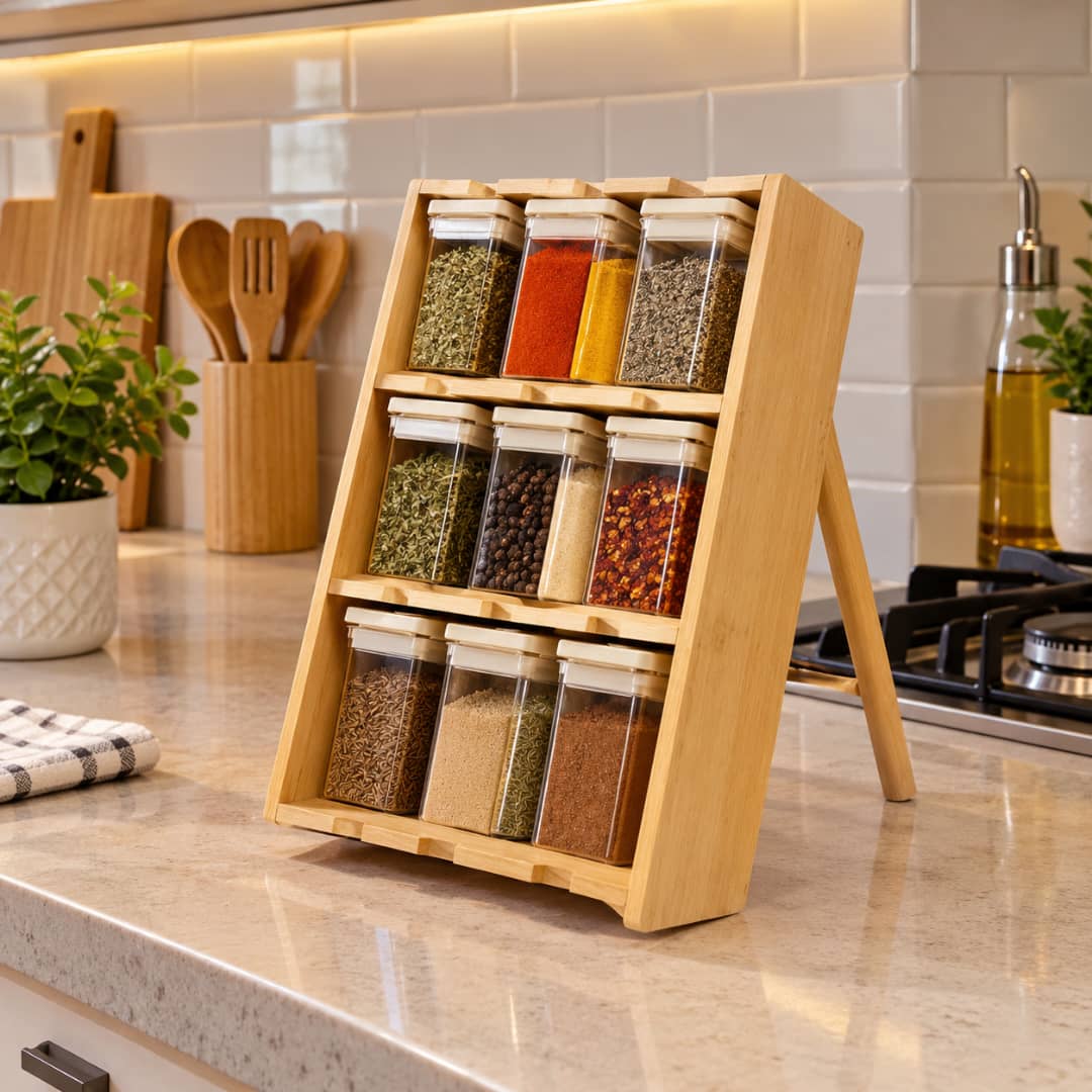 طقم علب بهارات زجاج غطاء وستاند خشب 10قطع AZ-3797