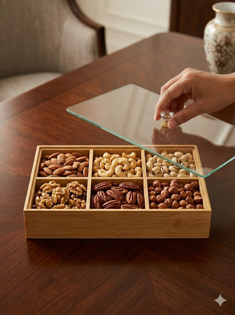 ستاند صحن تقديم حلويات خشبي مستطيل 6خانات بغطاء شفاف ومكسة كريستال