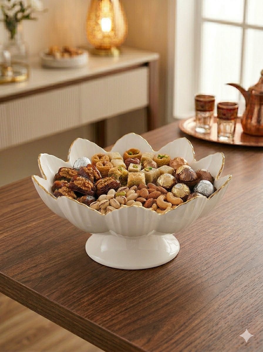 مطيبة تقديم حلويات ابيض بخط ذهبي شكل وردة