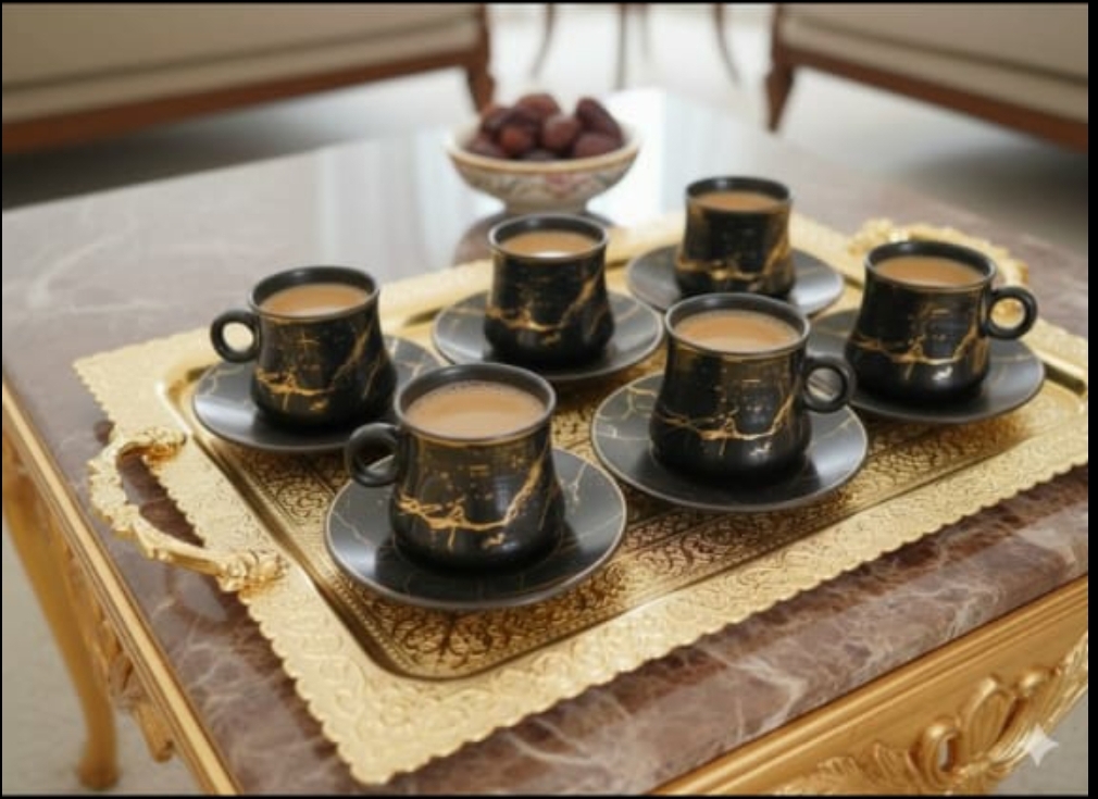 طقم اكواب بورسلان سيراميك اسود منقوش مع السياسر