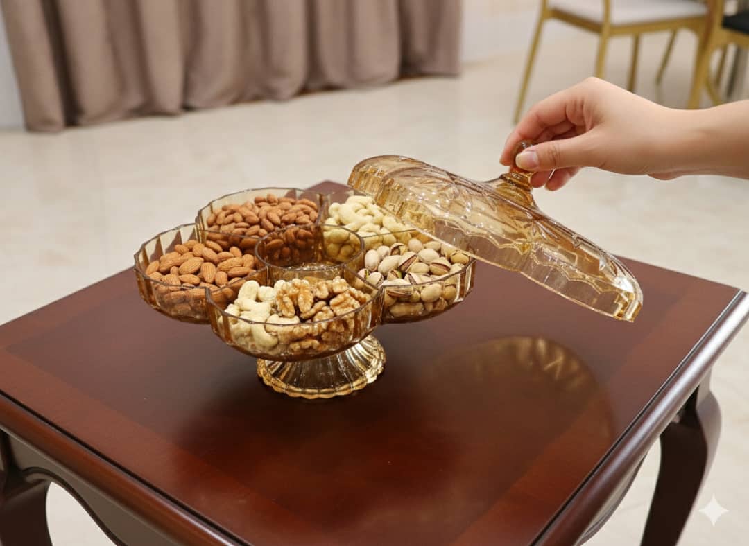 صحن تقديم حلويات اكرليك عسلي 6خانات مع الغطاية- بقاعدة