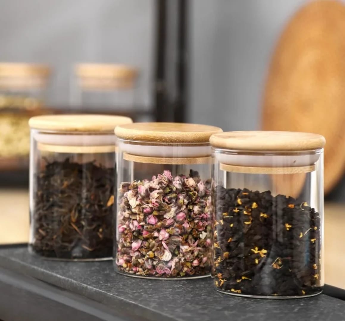 علبة بهارات زجاج مدور غطاء خشب مع ليبل AZ-3795