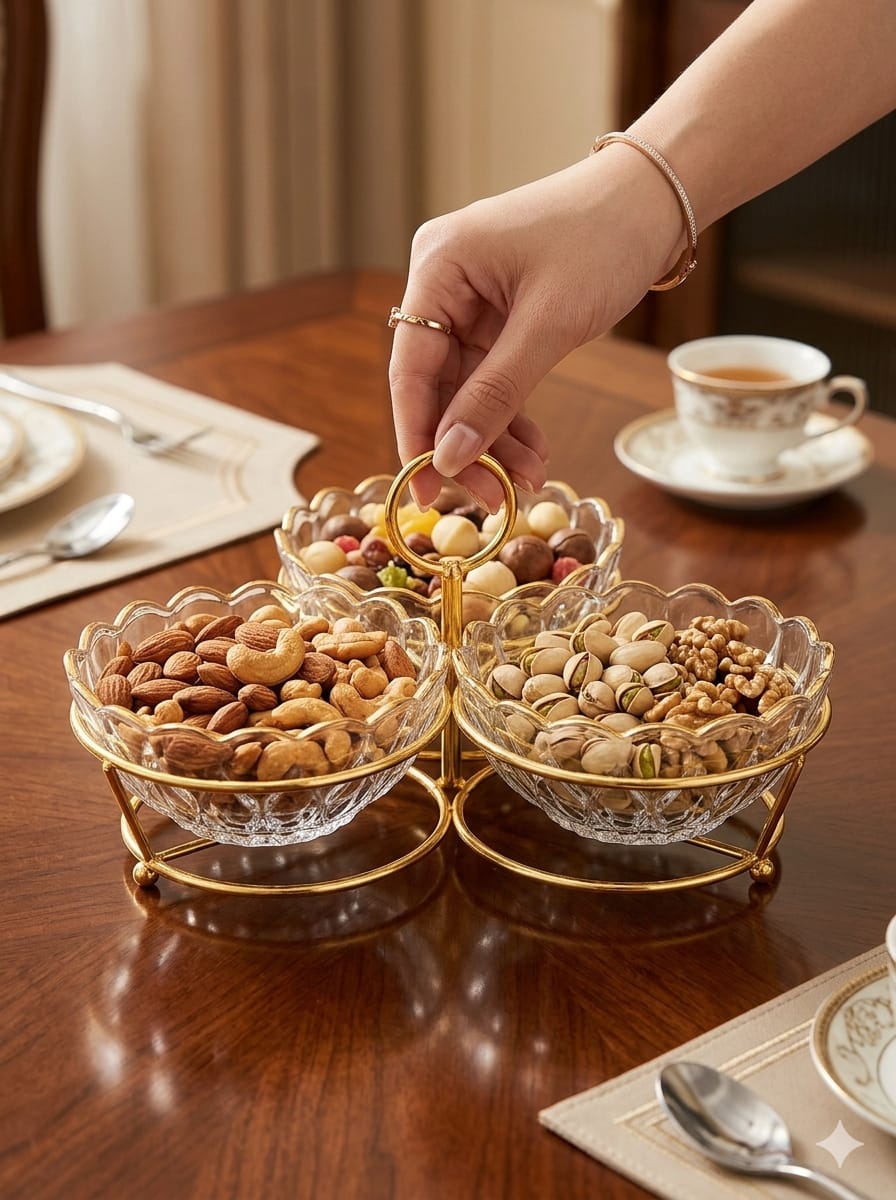 طقم شيال حلويات 3 خانات زجاج مع ستاند ذهبي AZ-1343